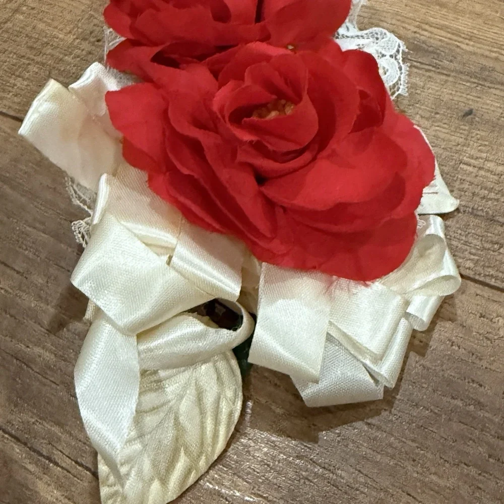 Christmas Corsage Vintage Lot 3 Holly Red Silver Ribbon Flowers Vtg
